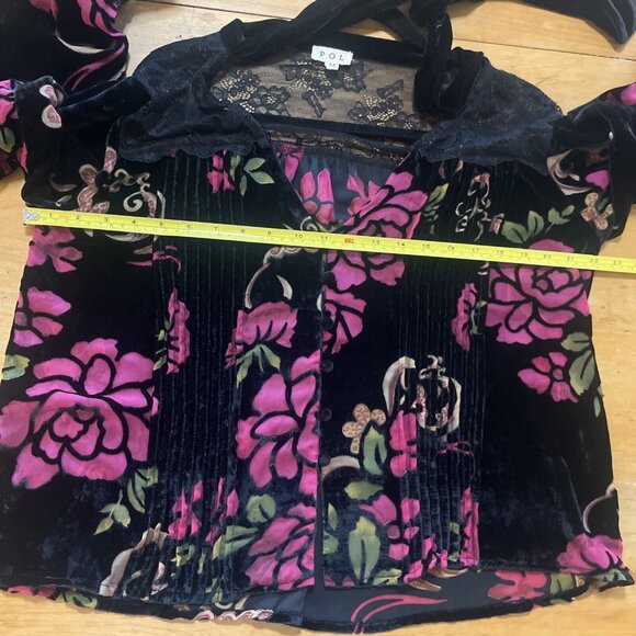 POL Button Blouse Women M Velvet Burnout Floral Ruffle Pleats Lace Feminine Top - Picture 8 of 12